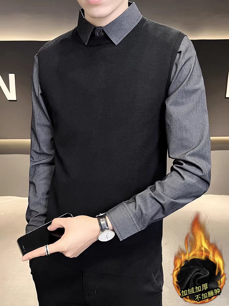 Áo len giả hai mảnh cao cấp dành cho nam, dài tay, mùa thu đông, lót lông cừu, phong cách Anh, áo sơ mi dệt kim thông thường dành cho doanh nhân.