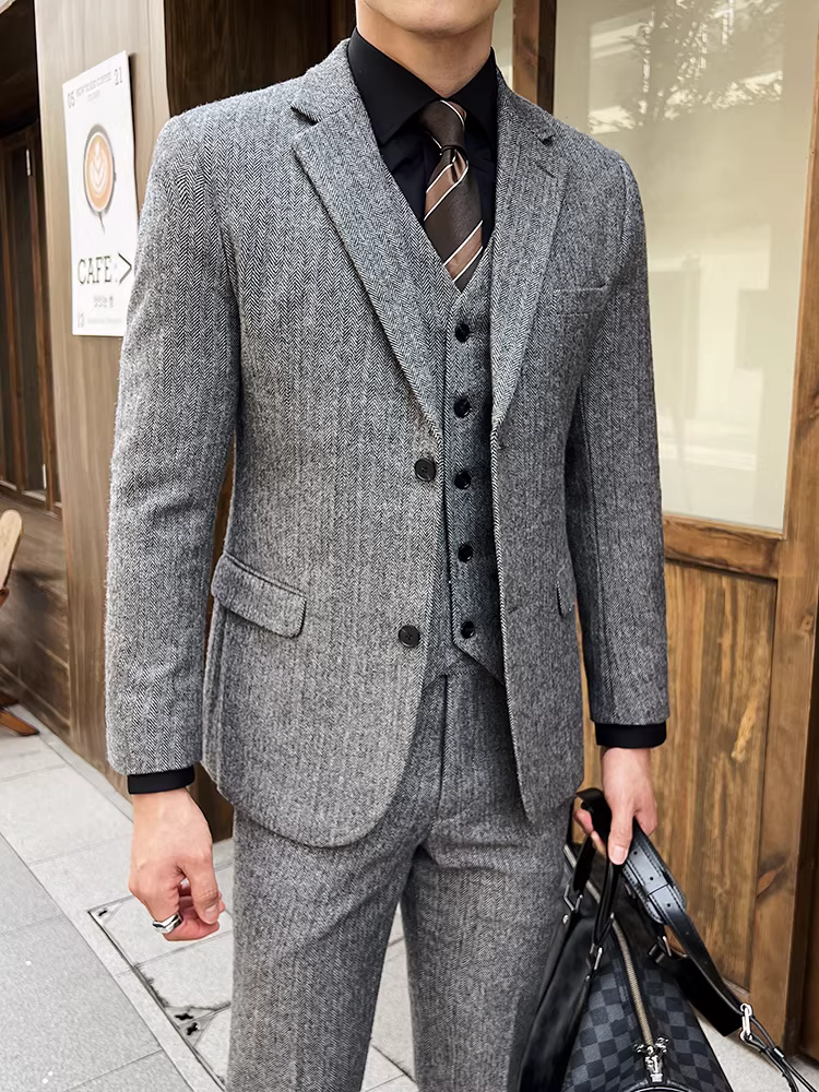 Vest len kẻ xương cá, vest nam thu đông mới, kiểu dáng công sở lịch lãm, ôm dáng, lịch lãm, thời trang, vest lịch sự