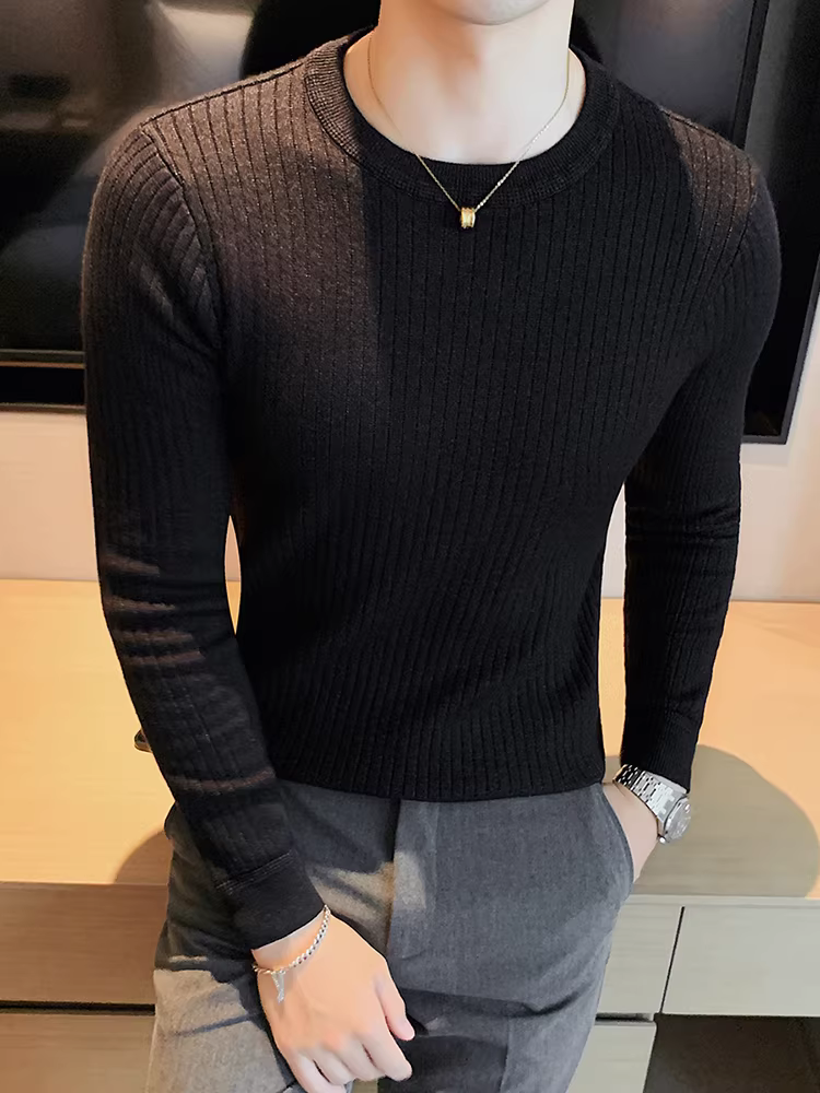 Áo len cổ tròn nam, áo len dệt kim sọc dày dặn phong cách Hàn Quốc, áo sơ mi dài tay đa năng, hợp thời trang, kiểu dáng đơn giản