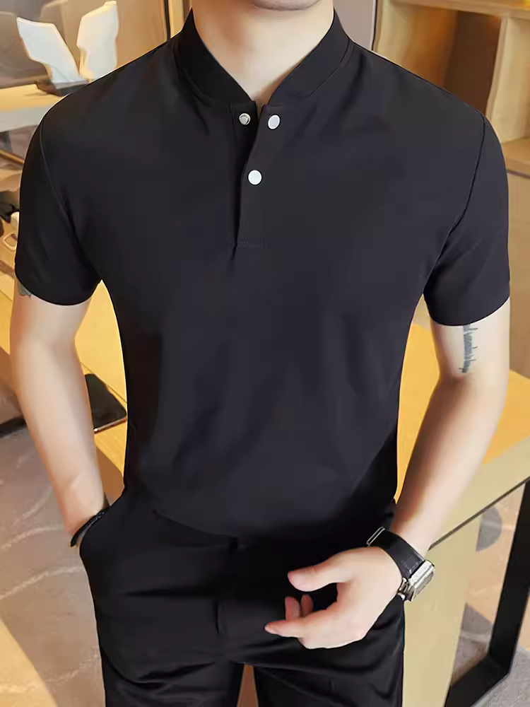 Áo sơ mi polo cổ đứng ngắn tay kiểu Trung Quốc mới dành cho nam, áo thun cổ trụ dáng ôm thời trang cao cấp phong cách Hàn Quốc mới mùa hè