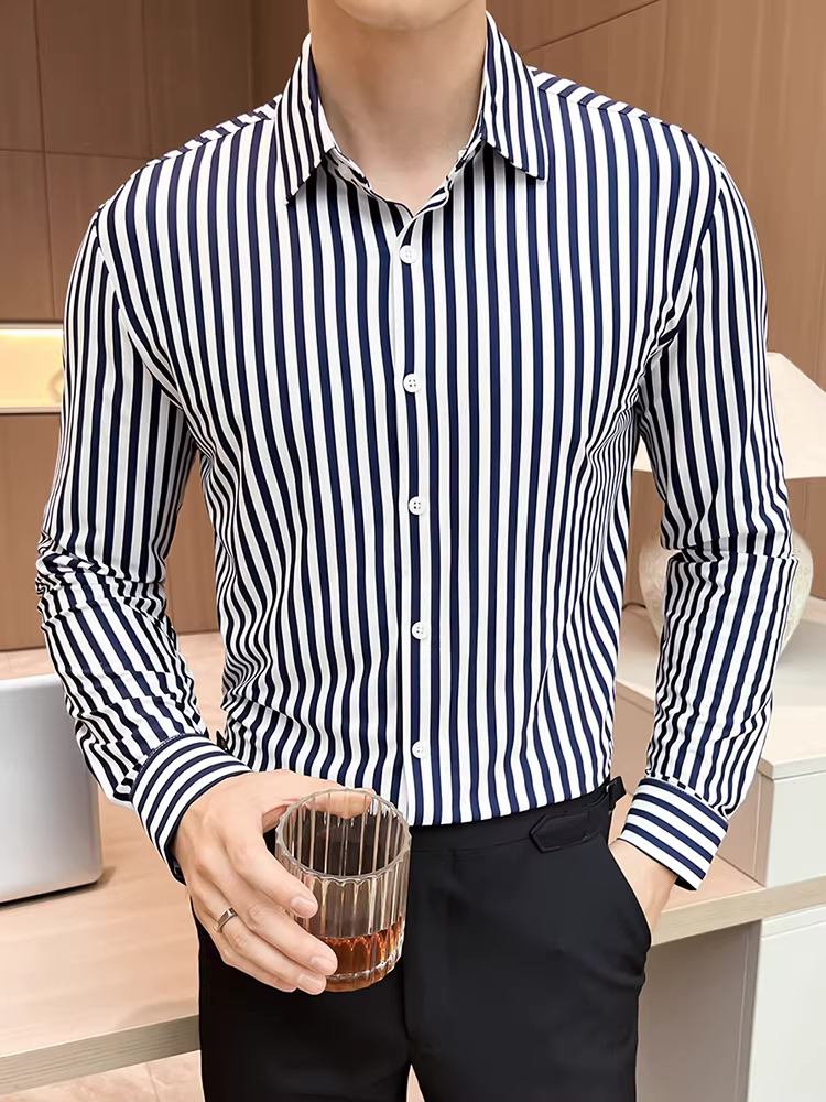 Áo sơ mi kẻ sọc nam, tay dài, thời trang thu đông 2025, kiểu dáng ôm body, lịch sự, đa năng, dễ chăm sóc