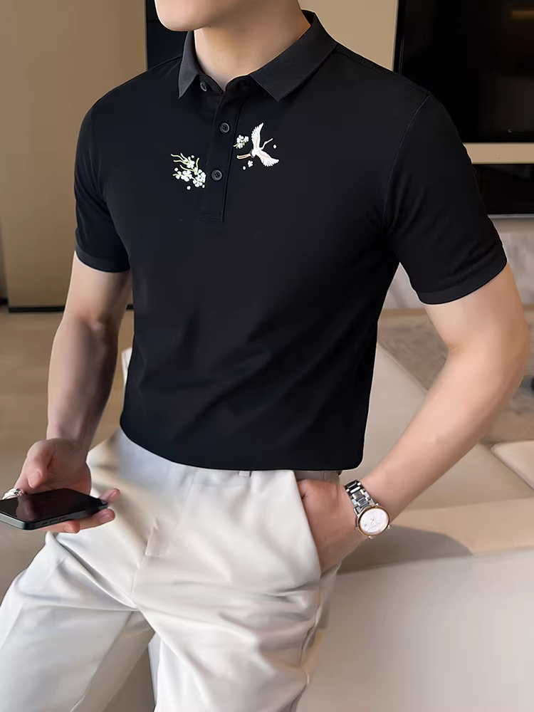 Áo polo in offset kiểu Trung Quốc mới dành cho nam, tay ngắn, mẫu mới mùa hè, cao cấp, hợp thời trang, ôm dáng, sành điệu, áo thun cổ điển.