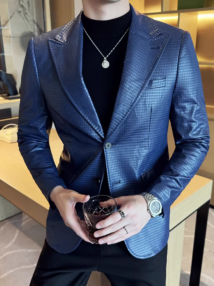 Áo khoác vest da kiểu waffle dành cho nam 2024, kiểu dáng công sở lịch lãm, đa năng, hợp thời trang, ôm dáng, cao cấp