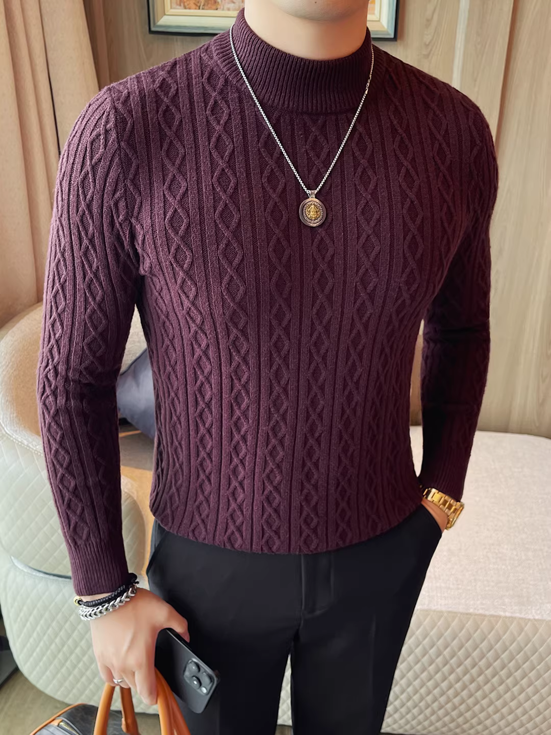Áo len cổ lọ nửa cao cho nam, tay dài, kiểu dày mùa thu đông 2025 mới, thời trang và hợp xu hướng, áo thun dệt kim ôm sát cổ trung bình.