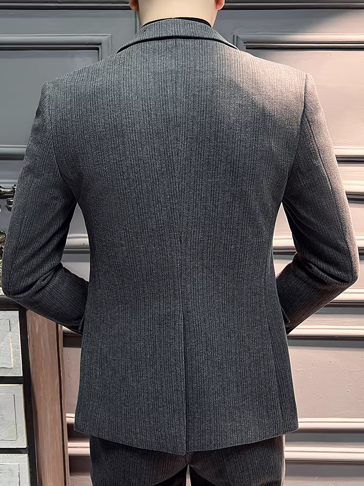 Bộ vest len dày giữ ấm cho nam, chất lượng cao, kiểu dáng lịch sự, ôm dáng, thời trang, kẻ sọc tối màu, bộ hai mảnh