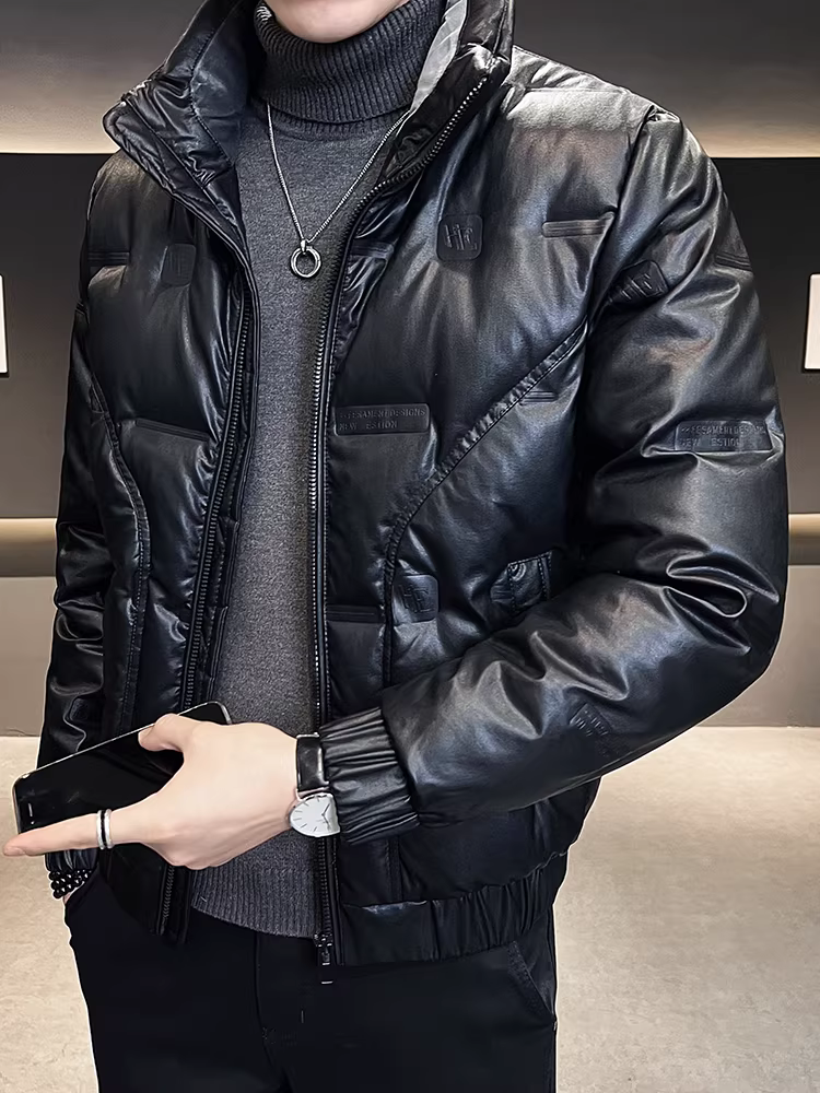 Áo khoác da PU cổ đứng dành cho nam, mùa đông 2024, kiểu dáng mới thời thượng, cao cấp, ngắn, nhẹ, ấm áp