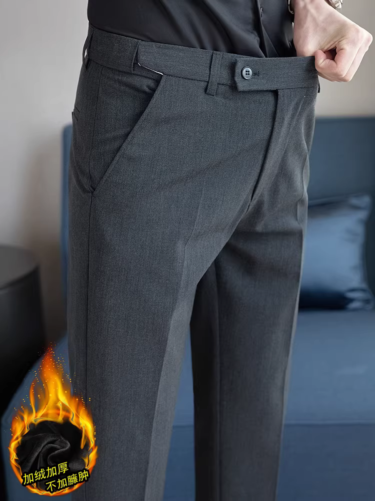 Quần âu nam có dây thắt lưng có thể điều chỉnh, lót lông cừu mùa thu đông, kiểu dáng thời trang, cao cấp, đa năng, co giãn, ôm dáng, quần ống côn