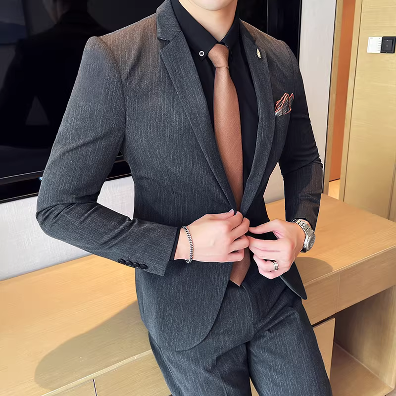 Bộ vest nam cao cấp kẻ sọc, kiểu Anh, xuân 2024, bộ hai mảnh, phong cách công sở lịch lãm