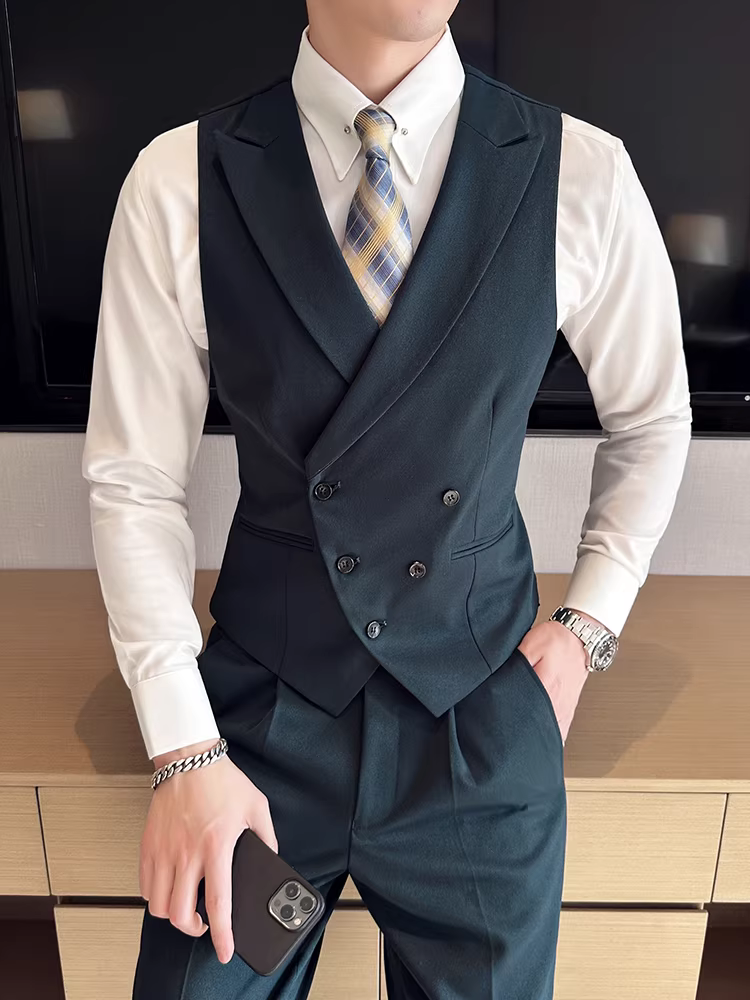 Áo vest nam cổ chữ V hai hàng khuy, phong cách Anh quốc lịch lãm, vest cưới chú rể, vest phù rể cao cấp ôm dáng.