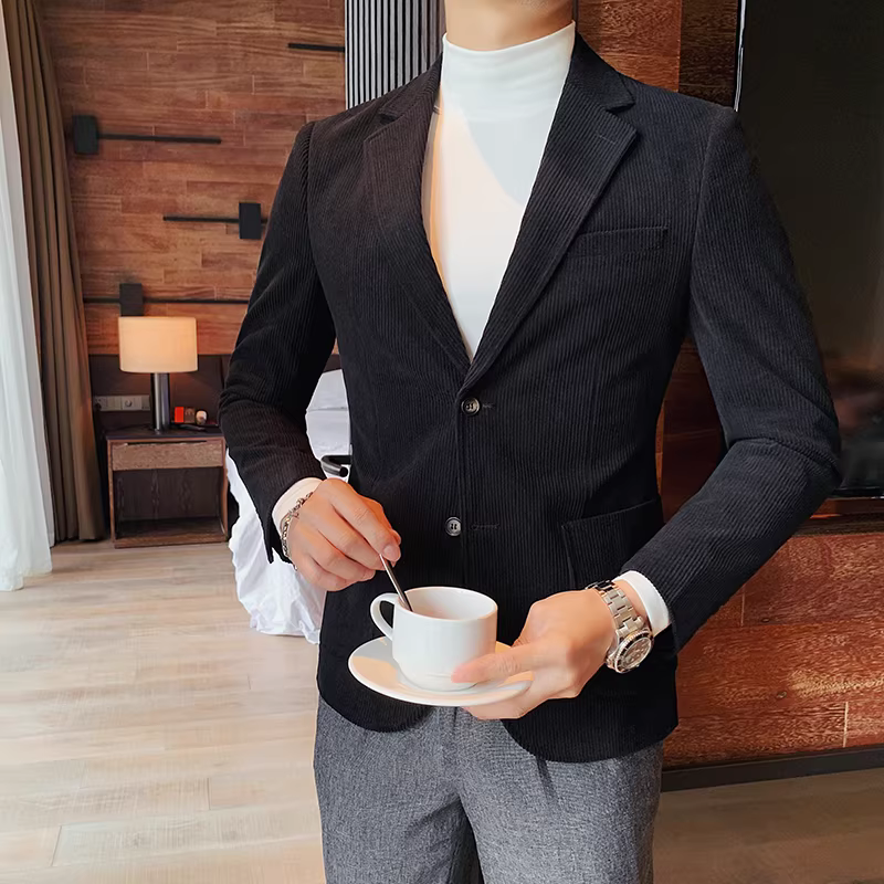 Áo blazer nam chất liệu corduroy, mùa thu đông, dày dặn, thời trang, hợp xu hướng, kiểu dáng sọc cá tính, dáng ôm, đơn hàng khuy.