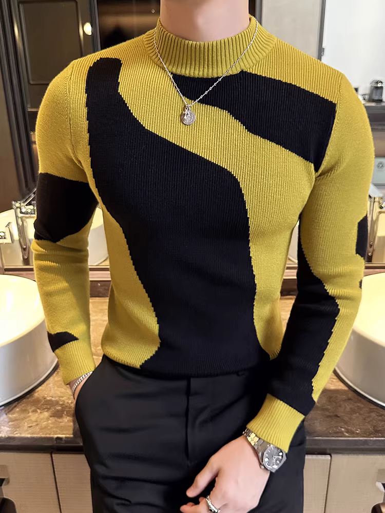 Áo len cổ lọ nửa cổ thiết kế phối màu dành cho nam, dài tay, mùa thu đông, nhẹ nhàng sang trọng, thời trang, ôm dáng, phong cách, chất liệu dệt kim co giãn.