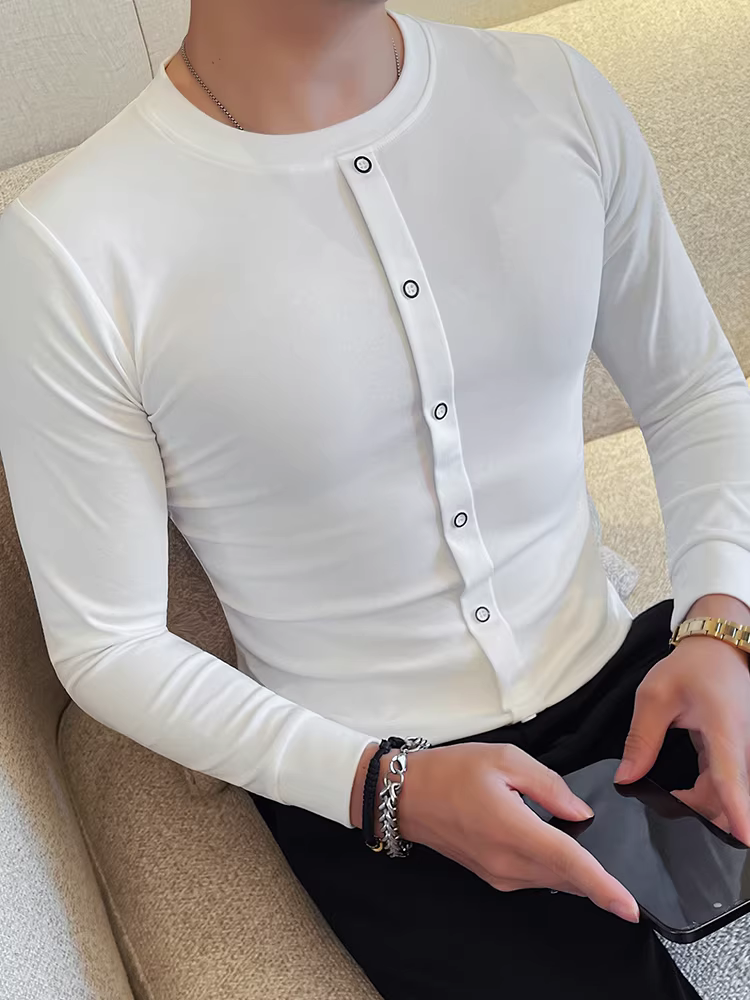 Áo thun dài tay cổ tròn thiết kế giả khuy dành cho nam, thời trang thu đông mới hợp thời trang áo sơ mi cơ bản chất lượng cao vừa vặn