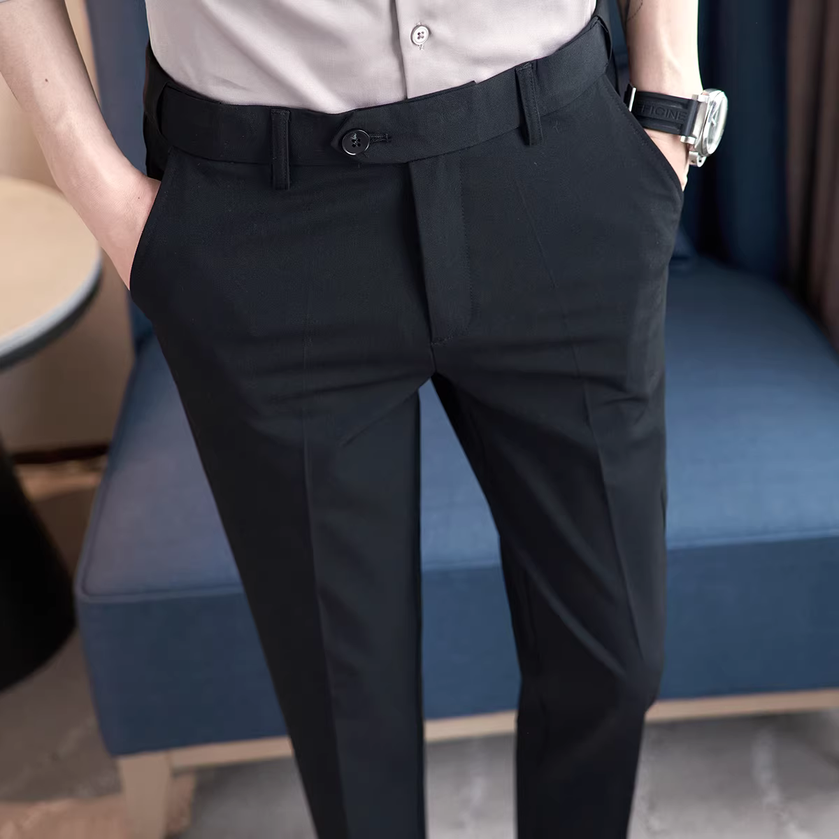 Quần âu nam chất liệu thun co giãn, kiểu dáng xuông, màu trơn, mới xuân hè, dáng ôm vừa vặn, dài đến mắt cá chân, dành cho nam giới trẻ.