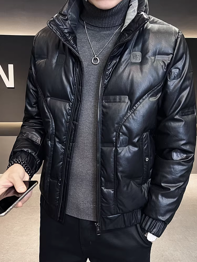 Áo khoác da PU cổ đứng dành cho nam, mùa đông 2024, kiểu dáng mới thời thượng, cao cấp, ngắn, nhẹ, ấm áp