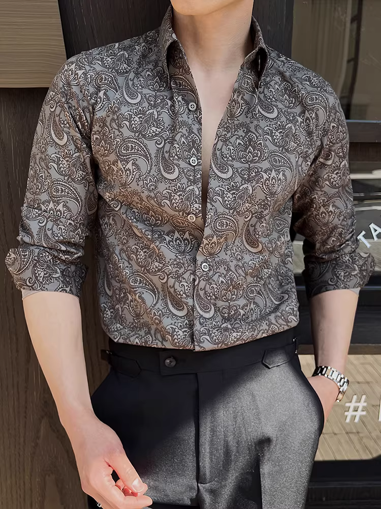 Áo sơ mi in họa tiết phong cách Anh cho nam, dài tay, cao cấp, lịch sự, đa năng, hợp thời trang, ôm dáng, đẹp trai, thời trang, áo sơ mi cá tính