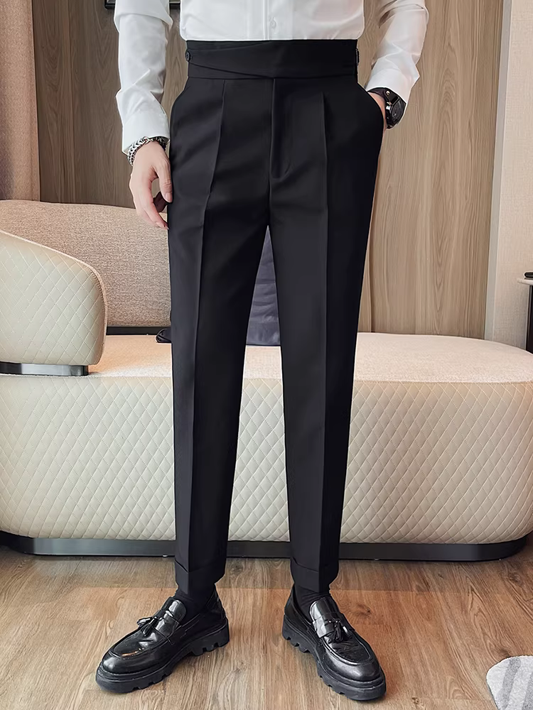 Quần âu nam Napoli cạp cao, màu trơn, chất liệu kaki, mùa xuân thu, kiểu dáng ôm body cao cấp, lịch sự, thẳng ống.