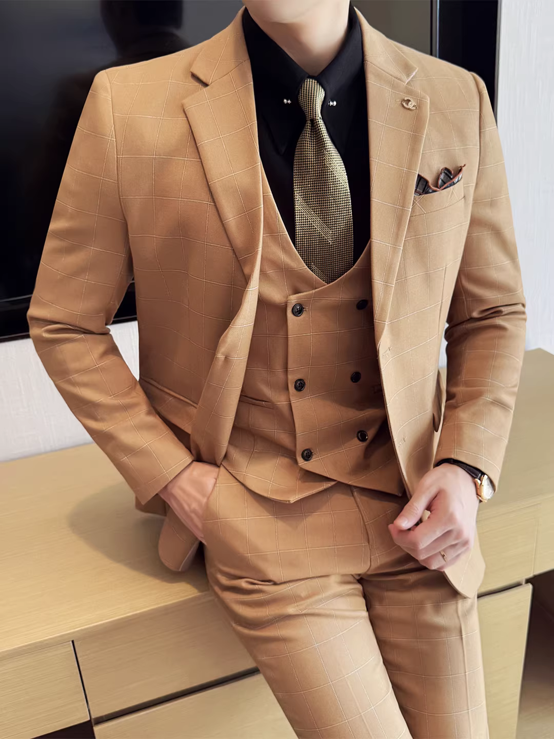 Bộ vest cao cấp kẻ caro dành cho nam, trang phục dạ hội công sở, kiểu dáng ôm sát, lịch sự và dễ chăm sóc, bộ vest cưới ba mảnh