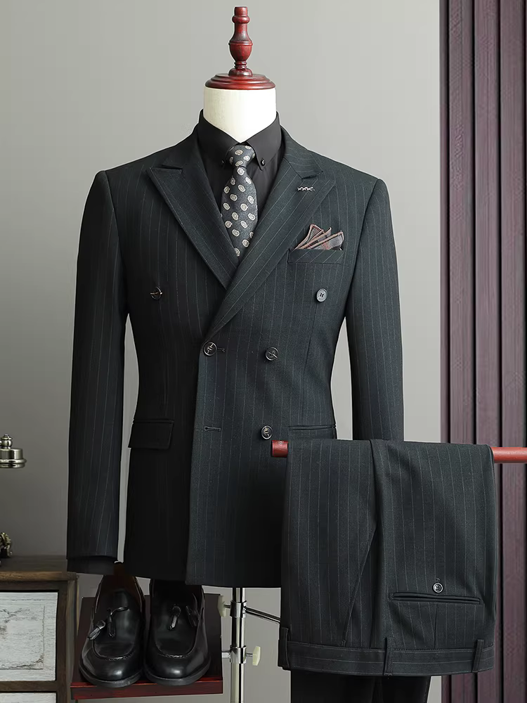 Bộ vest nam kẻ sọc tối màu, hai hàng khuy, chất lượng cao, thích hợp cho đám cưới, trang phục công sở lịch sự, bộ ba món dễ chăm sóc
