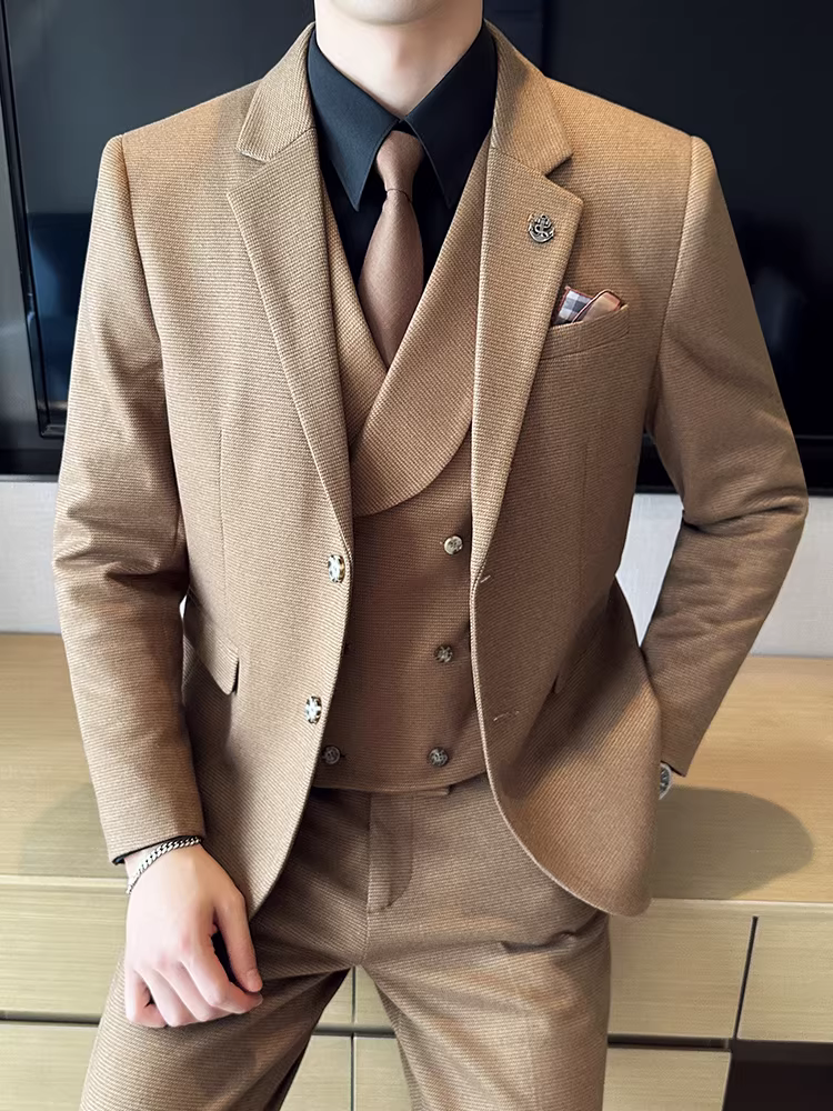 Bộ vest len nam mùa thu đông dày dặn, kiểu dáng lịch lãm, ôm dáng, cao cấp, thích hợp cho chú rể, đám cưới.