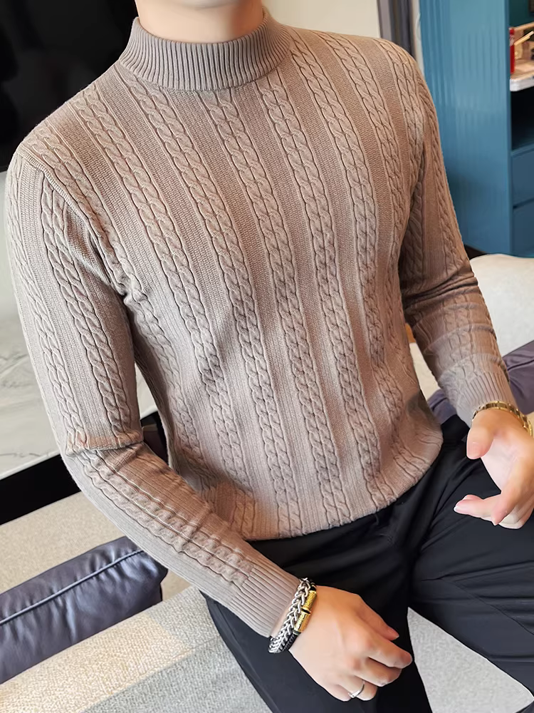 Áo len nam cổ lọ dày dặn, tay dài, kiểu dáng mới mùa thu đông, ôm body, đa năng, chất liệu len dệt kim cổ trung.