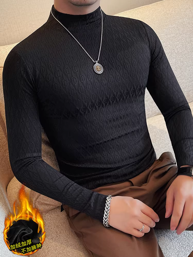 Áo thun nam dài tay cổ cao nửa cổ thiết kế cao cấp, thu đông, lót lông cừu, dày dặn, ôm dáng, thời trang và đa năng, áo thun cổ trung.