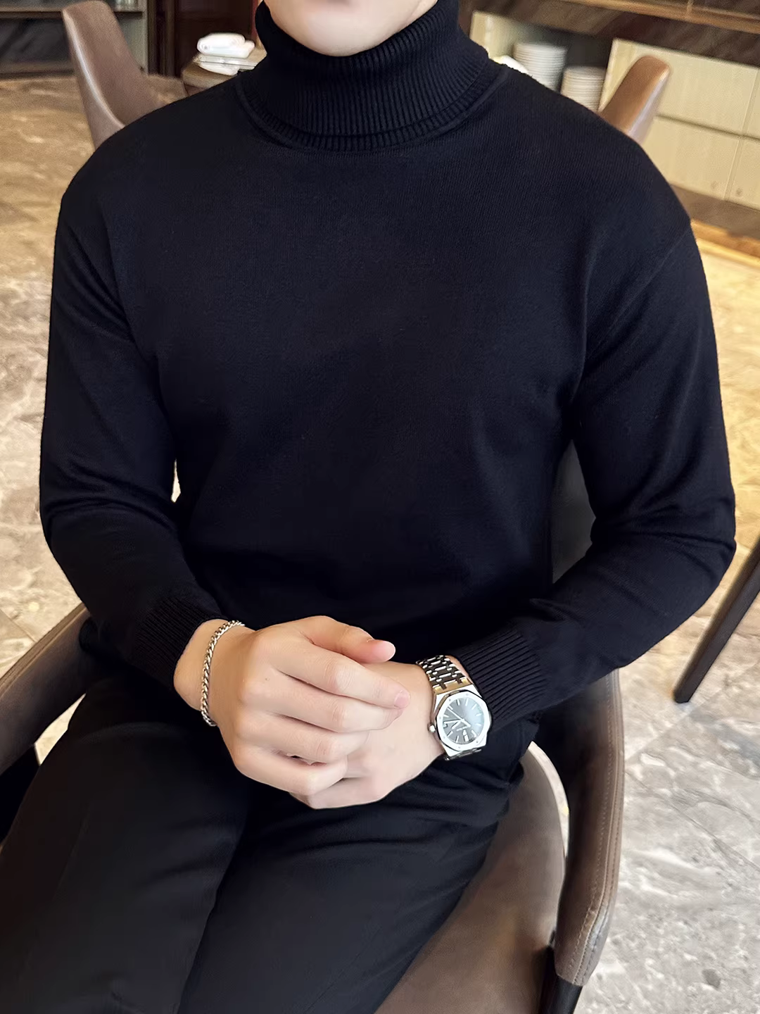 Áo len cổ lọ nam, tay dài, thời trang thu đông, đa năng, ôm dáng, chất lượng cao, áo thun dệt kim cơ bản