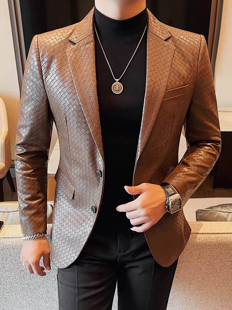 Áo khoác da nam kẻ sọc dệt, dáng ôm, phong cách, cao cấp, lịch sự, đa năng, sang trọng nhẹ nhàng, vest cao cấp