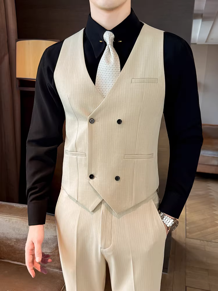 Bộ vest nam hai hàng khuy, sọc tối màu, kiểu dáng lịch lãm, ôm dáng, chất liệu cứng cáp, bộ vest hai mảnh dành cho dạ hội