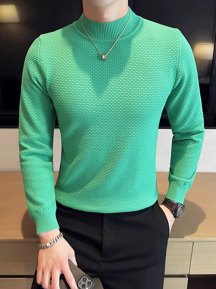 Áo len cổ lọ nửa cao dành cho nam, thời trang thu đông, kiểu dáng đơn giản, áo len đa năng, ôm dáng, áo len cổ trung, áo len cơ bản.