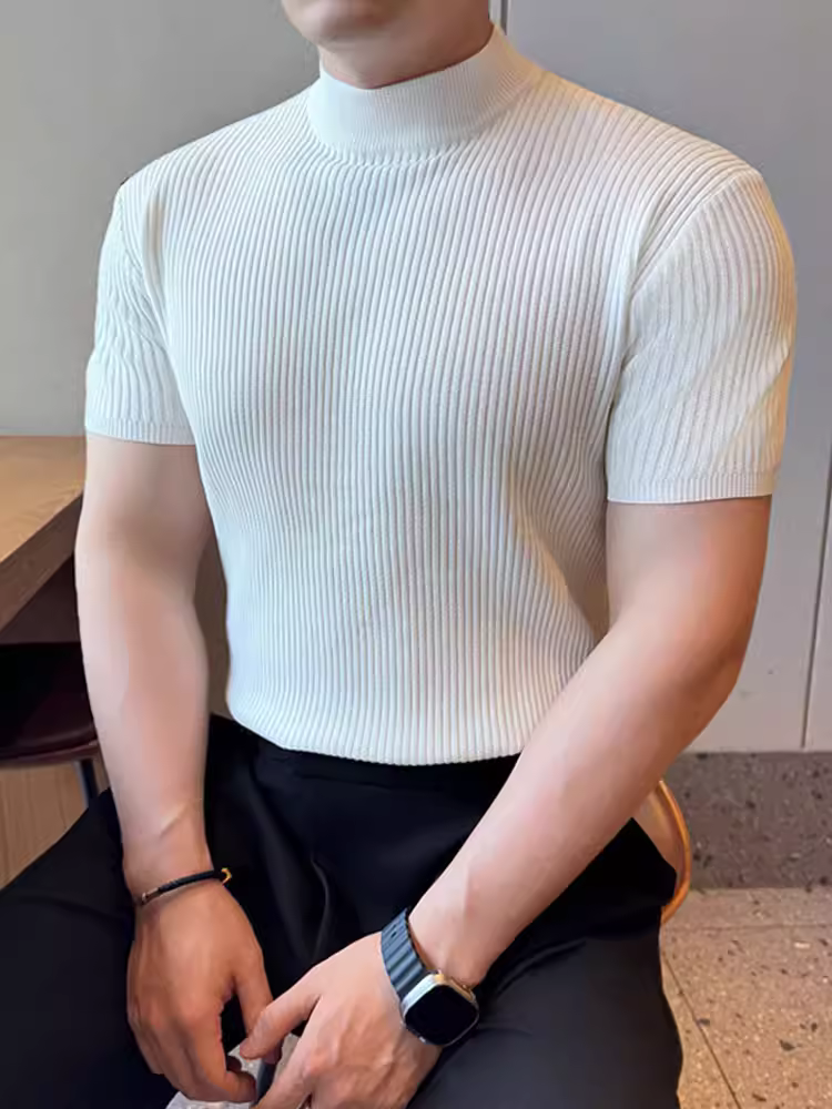 Áo thun dệt kim cổ cao nửa cổ mỏng bằng lụa băng ngắn tay mùa xuân hè mới hợp thời trang màu trơn đa năng có họa tiết cổ trung bình