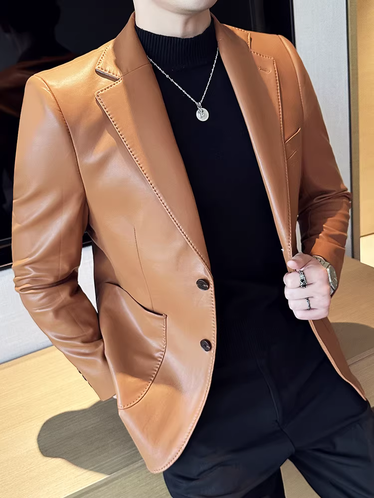 Áo khoác da công sở cao cấp dành cho nam, thời trang thu đông 2025, kiểu dáng ôm body, phong cách lịch lãm kiểu Anh.
