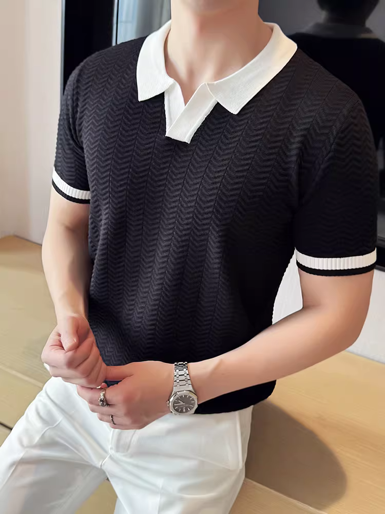 Áo polo nam dệt kim lụa đá phối màu, tay ngắn, kiểu dáng mùa hè mới, áo thun cao cấp thời thượng ôm dáng co giãn