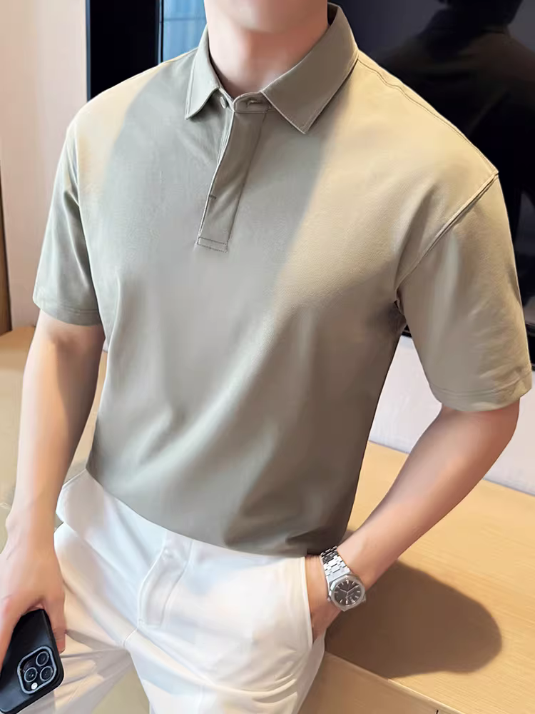 Áo polo cotton dài sợi Tân Cương hơi rộng dành cho nam, tay ngắn, kiểu dáng mùa hè mới, cảm giác cao cấp, cài nút giấu, phong cách công sở giản dị, áo thun có cổ.
