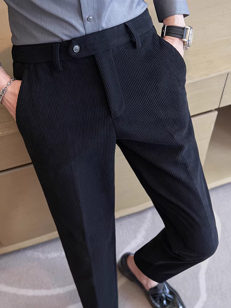Quần âu nam chất liệu corduroy, mùa thu đông, thời trang cao cấp, đa năng, phong cách công sở Anh, kiểu dáng ôm body.