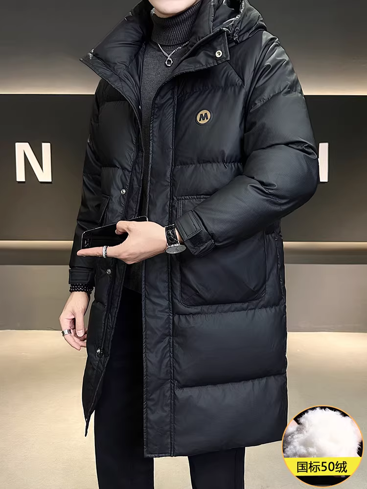 Áo khoác nam chất lượng cao, dài trung bình, chất liệu da PU, mùa đông 2025, kiểu phối màu mới, có mũ, dày dặn, chống lạnh