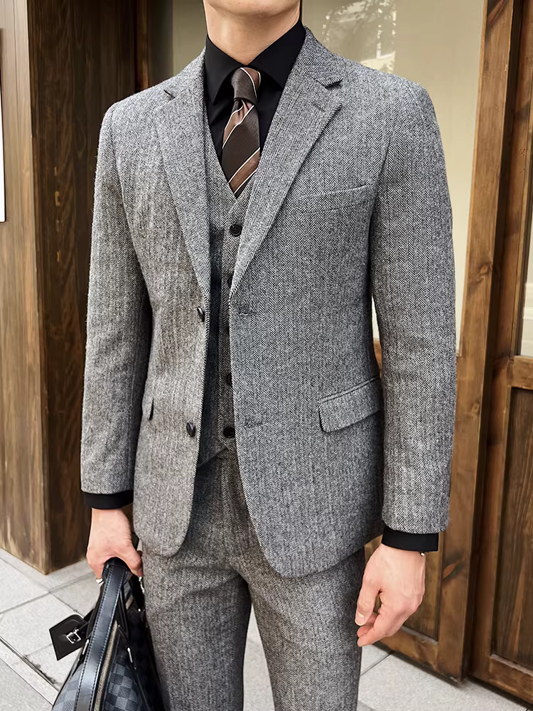 Vest len kẻ xương cá, vest nam thu đông mới, kiểu dáng công sở lịch lãm, ôm dáng, lịch lãm, thời trang, vest lịch sự