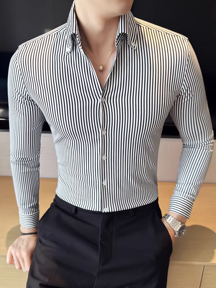 Áo sơ mi nam cổ V kẻ sọc, tay dài, kiểu dáng mới xuân thu, công sở lịch lãm, thời trang, ôm dáng, không nhăn