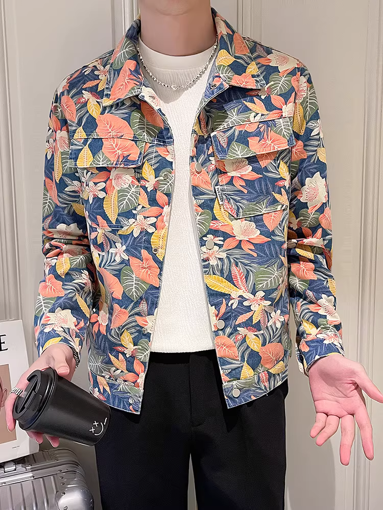 Áo khoác denim nam xuân 2025 kiểu dáng cao cấp mới, cổ điển, ôm dáng, ngắn, họa tiết hoa, dành cho giới trẻ