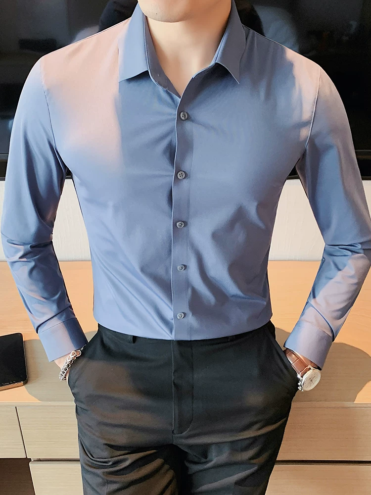 Áo sơ mi nam dài tay liền mạch co giãn cao, trang phục công sở trang trọng, lịch sự, màu trơn cao cấp, không cần là ủi, kiểu dáng ôm sát.