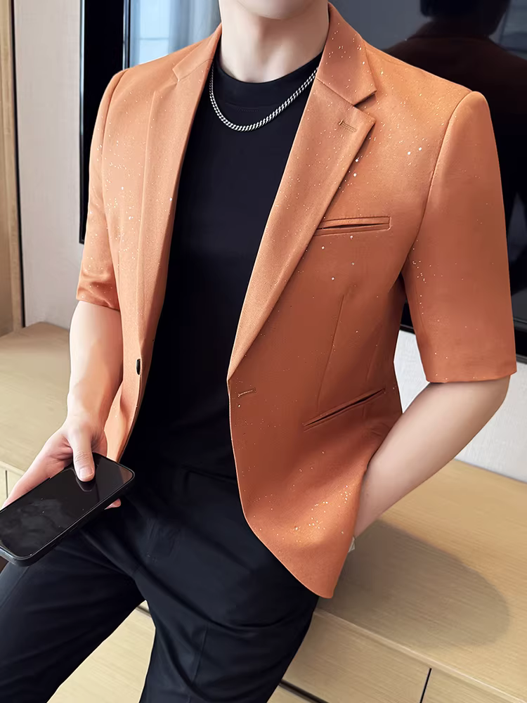 Áo khoác vest nam ngắn tay in vàng Gypsophila, kiểu dáng mỏng mùa hè, thời trang, hợp thời trang, sành điệu, đẹp trai, bộ vest đơn giản giản dị.