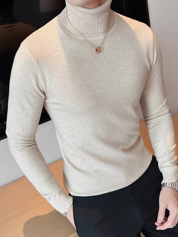 Áo len cổ lọ nam, tay dài, kiểu mới thu đông 2024, cao cấp, màu trơn, đa năng, ôm dáng, áo lót dệt kim.