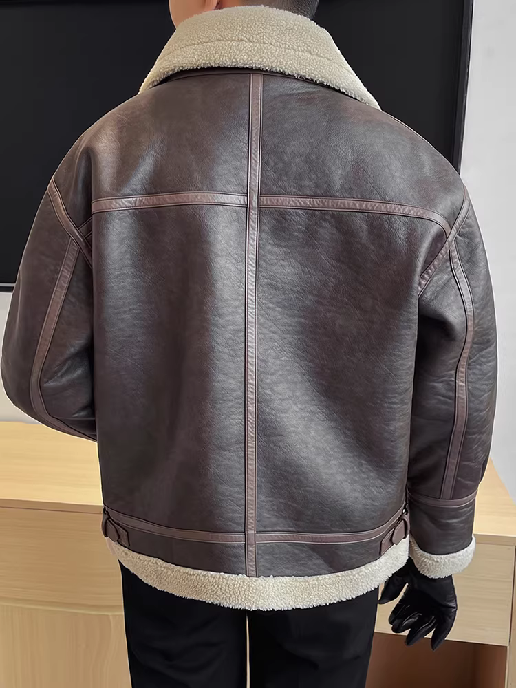 Áo khoác lông cừu nam mùa đông 2024 mới dày dặn ấm áp cổ lông ngắn