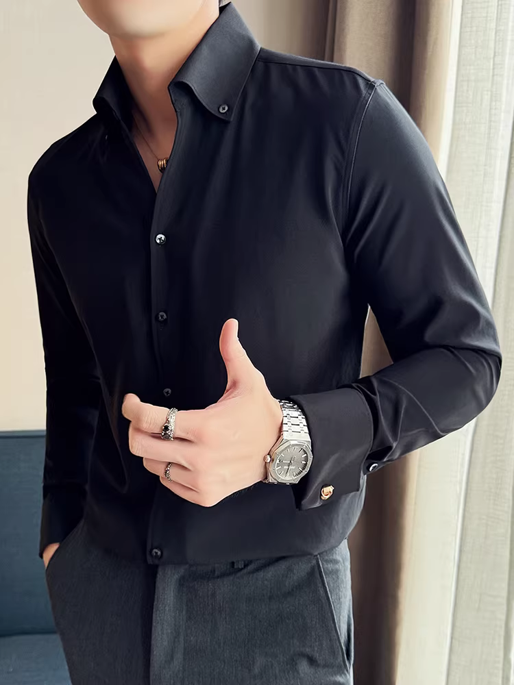 Áo sơ mi nam cổ trụ, tay dài, kiểu mới xuân hè, chất liệu mềm mại, co giãn, ôm dáng, không nhăn, áo sơ mi công sở thường ngày