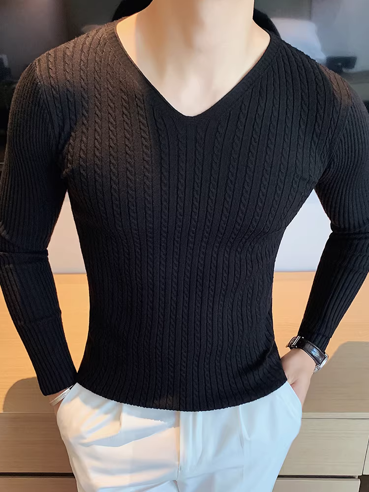 Áo len sọc cổ chữ V cao cấp dành cho nam, dài tay, xu hướng thời trang thu đông, phong cách Hàn Quốc, dáng ôm, áo dệt kim đa năng.