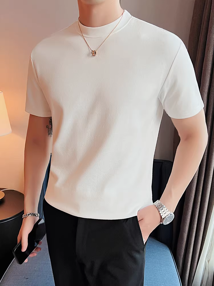 Áo thun nam cổ tròn, dày dặn cho mùa thu đông, tay ngắn, cổ trung, kiểu dáng giản dị, rộng rãi, hợp thời trang, đa năng, áo thun màu trơn.