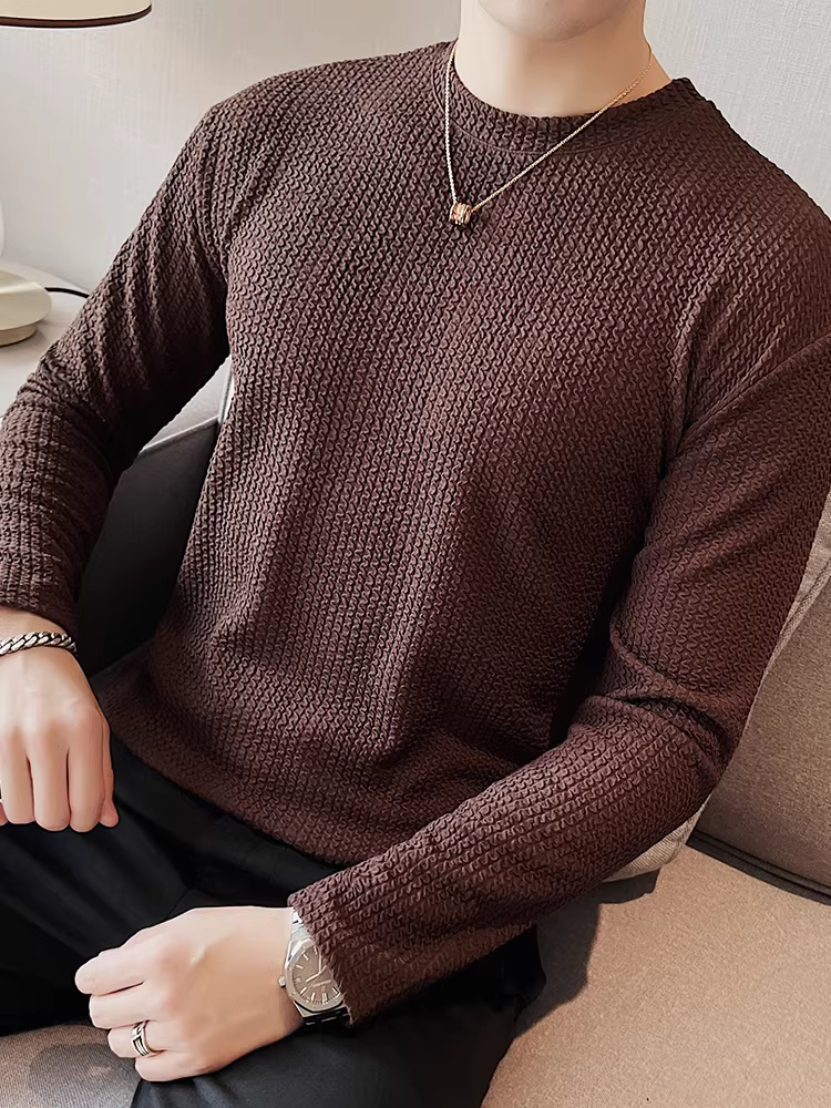 Áo sơ mi cổ tròn họa tiết sóng dành cho nam, áo thun dài tay thường ngày mùa thu đông, ấm áp, đa năng, thoải mái, áo thun dài tay phong cách Hàn Quốc hợp thời trang.