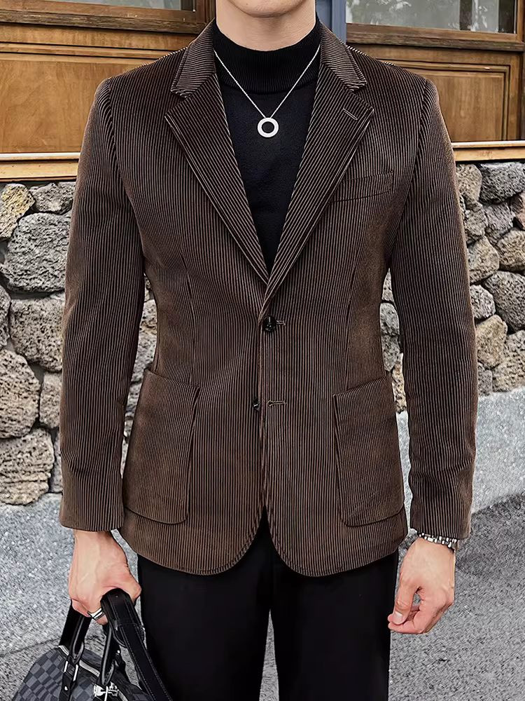 Áo khoác vải nhung kẻ cho nam, kiểu dáng dày dặn mùa thu đông, phong cách Hàn Quốc cao cấp, kiểu dáng ôm body kiểu Anh, trang phục công sở lịch lãm, bộ vest đẹp trai