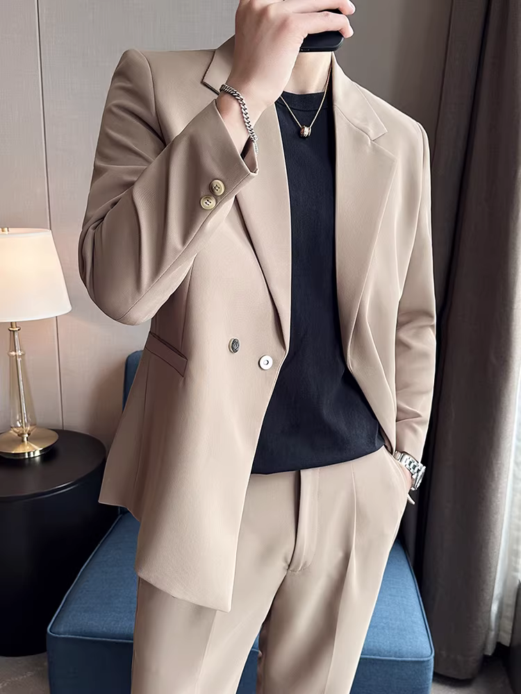 Bộ vest nam không khuy cài bên, kiểu dáng lịch lãm, đa năng, chất liệu mềm mại, gồm hai mảnh