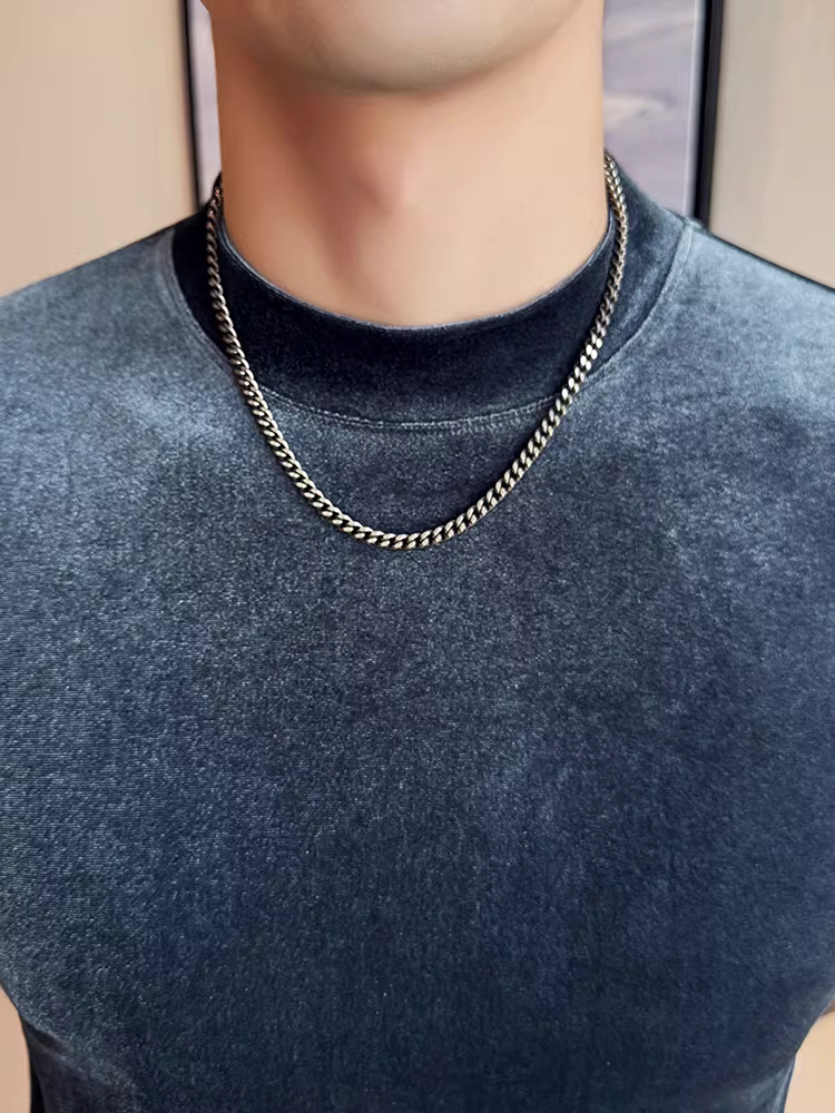 Áo thun nam tay ngắn cổ nhỏ phối da, thời trang xuân hè mới, áo lót ôm dáng cao cấp hợp xu hướng