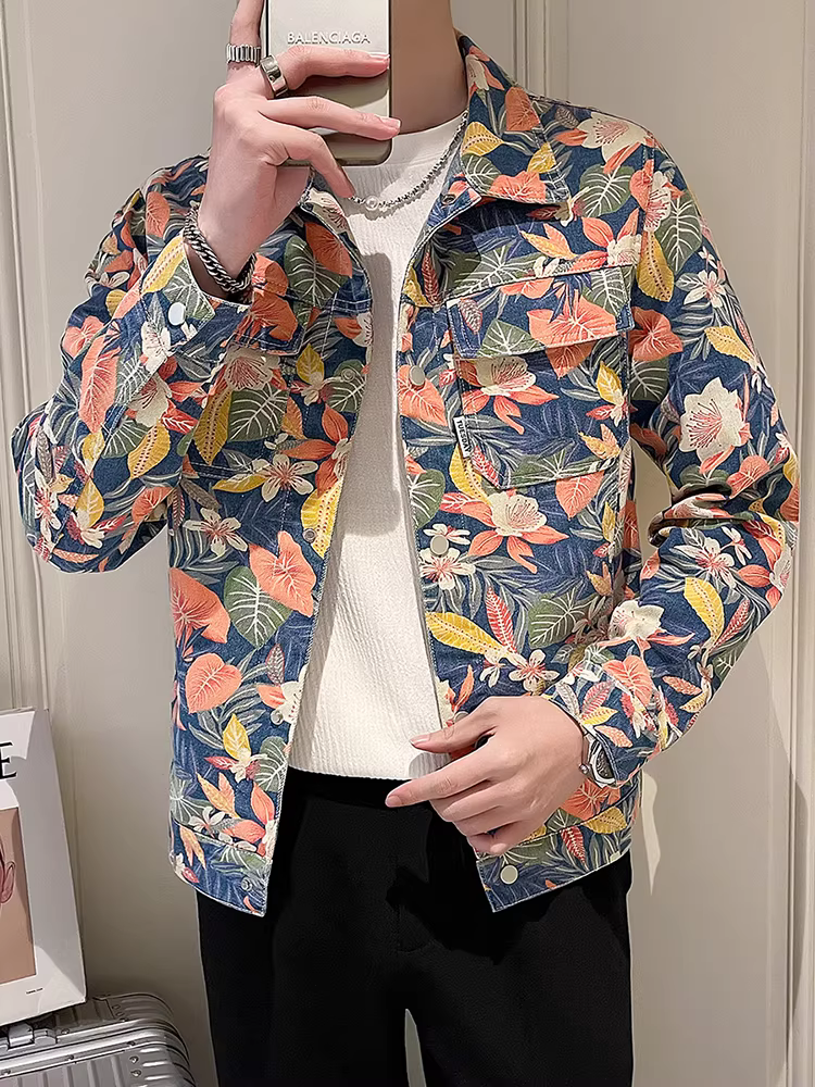 Áo khoác denim nam xuân 2025 kiểu dáng cao cấp mới, cổ điển, ôm dáng, ngắn, họa tiết hoa, dành cho giới trẻ